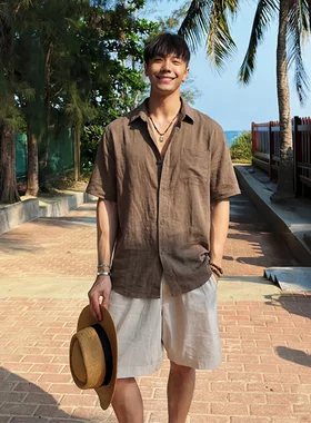 老钱风咖色亚麻衬衫男款夏季度假穿搭冰丝防晒衬衣人夫感休闲短袖