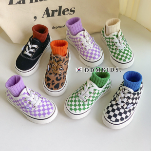 一脚蹬宝宝布鞋 春秋韩版 中大童休闲鞋 男女童棋盘格板鞋 儿童帆布鞋