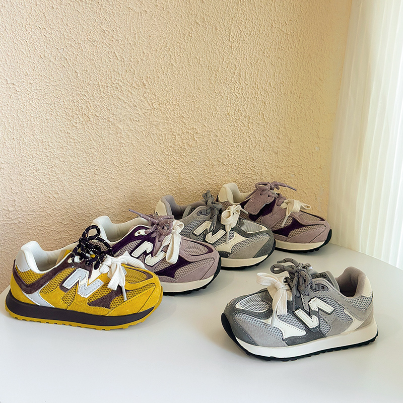 儿童N字运动鞋春秋男女童透气跑步鞋撞色德训鞋中大童网面老爹鞋n