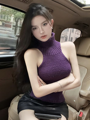 秋季新款高领针织衫性感露背蝴蝶结绑带针织显瘦无袖套头紫色毛衣