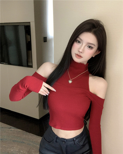 秋季 长袖 新款 性感短款 上衣潮 高领气质御姐风修身 小心机露肩针织衫