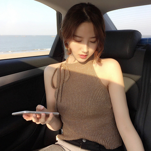 CHIC上衣潮 挂脖系带性感露肩无袖 网红小高领针织背心2021夏季 新款