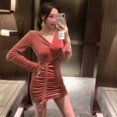 性感V领修身 抽褶显瘦长袖 包臀短裙 气质连衣裙女秋冬女装 2019新款
