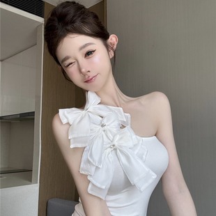 气质短款 超仙美蝴蝶结露肩修身 背心女 新款 纯欲风斜肩抹胸上衣夏季