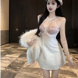 高级感气质礼服裙性感无袖露收腰蕾丝拼接蓬蓬连衣裙秋冬2024新款