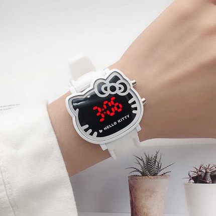 儿童手表 小女孩kt凯蒂猫学生柔软硅胶表带防摔粉色夜光LED电子表