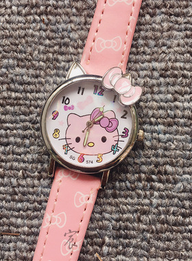 儿童皮表带手表KT凯蒂猫可爱卡通腕表萌萌粉色女童小学生石英手表