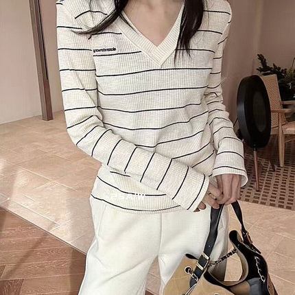 欧货高版本V领条纹弹力修身长袖T恤小衫打底衫时尚内搭显瘦女装