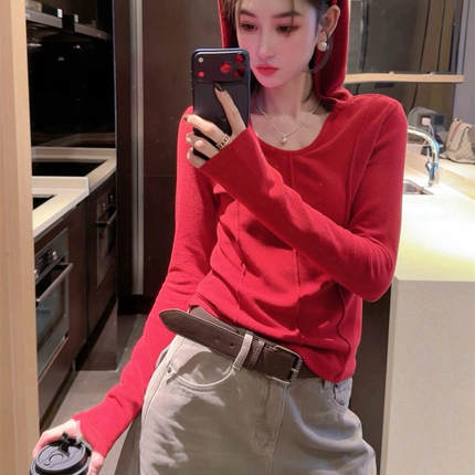 欧货十三行春季新款女装纯色连帽弹力修身长袖T恤小衫帽衫打底衫
