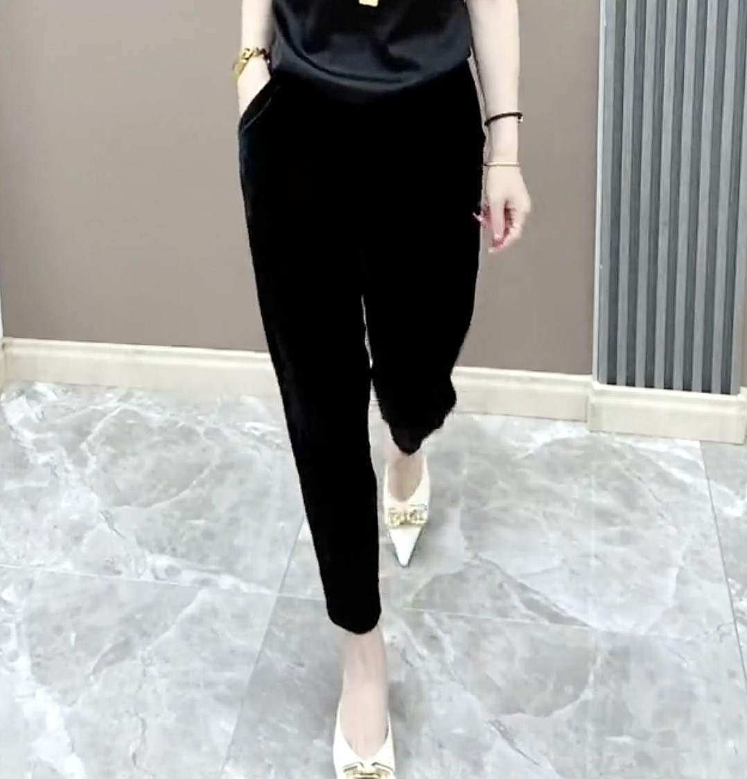 欧货早秋新款黑色高腰黑色金丝绒九分休闲裤哈伦裤显瘦百搭小脚裤