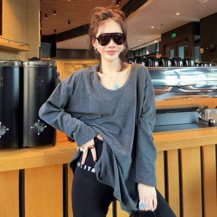 欧货南油纯色简约U领宽松中长款长袖开叉T恤过臀上衣显瘦百搭大码