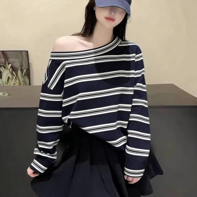 欧货春季新款气质条纹性感一字领露肩宽松长袖T恤卫衣时尚上衣潮T