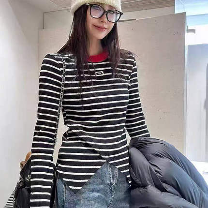 欧货十三行气质条纹开叉圆领弹力长袖T恤小衫打底衫上衣显瘦百搭