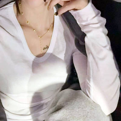 欧货春季新款小衫糖果色简约纯色U领弹力修身长袖T恤薄款小衫潮T