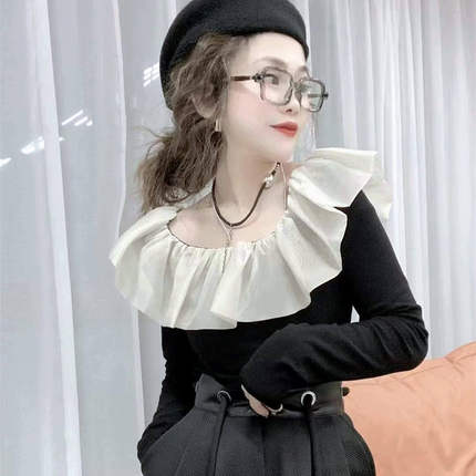 欧货洋气小衫气质荷叶边弹力长袖T恤小衫打底衫上衣显瘦时尚大码