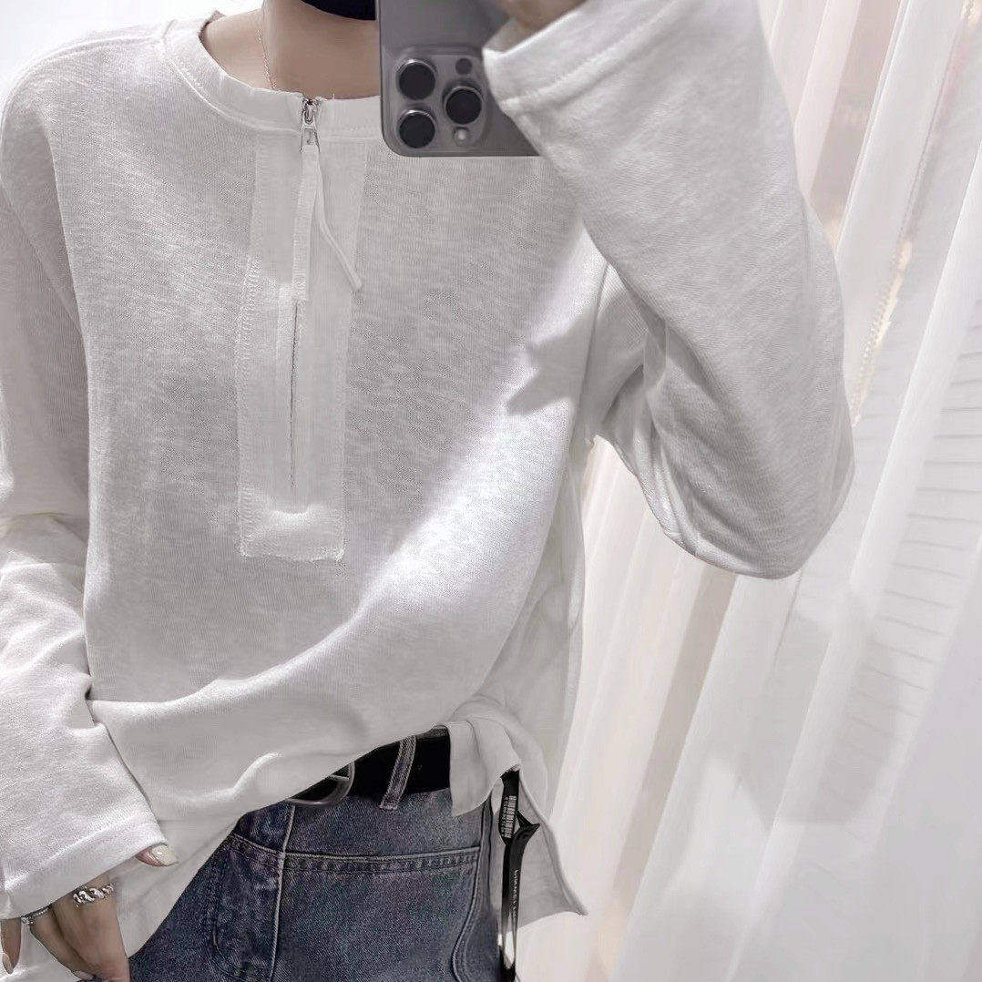欧货春季新款白色简约半拉链宽松长袖T恤小衫上衣显瘦时尚大码潮,女装/女士精品,T恤,淘宝优惠券,粉丝福利购,淘宝优惠卷