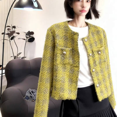 欧货春季新款气质小香风黄色粗花呢短款长袖外套开衫时尚上衣大码