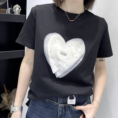 欧货洋气小衫黑白重工立体钉珠桃心圆领弹力半袖T恤小衫打底衫潮T