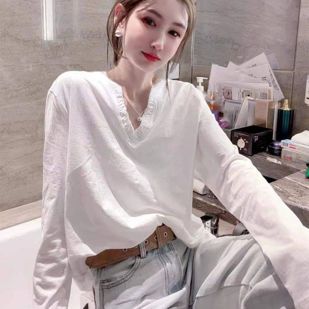 欧货春季新款简约纯色剪刀领开叉弹力长袖T恤上衣小衫打底衫宽松,女装/女士精品,T恤,淘宝优惠券,粉丝福利购,淘宝优惠卷