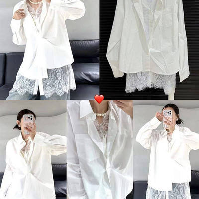 欧货春季蕾丝拼接黑白翻领中长款长袖衬衫女时尚宽松显瘦假两件潮