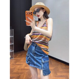 十三行复古撞色彩条针织背心女夏季慵懒风宽松休闲彩色背心大码