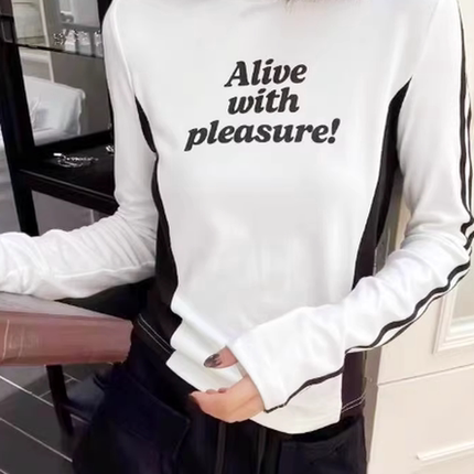 欧货春季新款女装黑白拼接字母圆领弹力长袖T恤小衫打底衫时尚潮