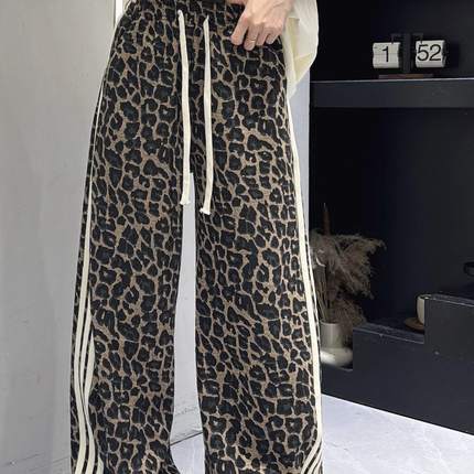 欧货新款豹纹三道杠宽松休闲裤卫裤阔腿裤长裤时尚显瘦百搭大码潮