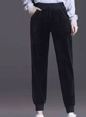 女款加绒束脚卫裤长裤丝绒休闲裤尾货轻奢保暖外贸出口弹力秋冬