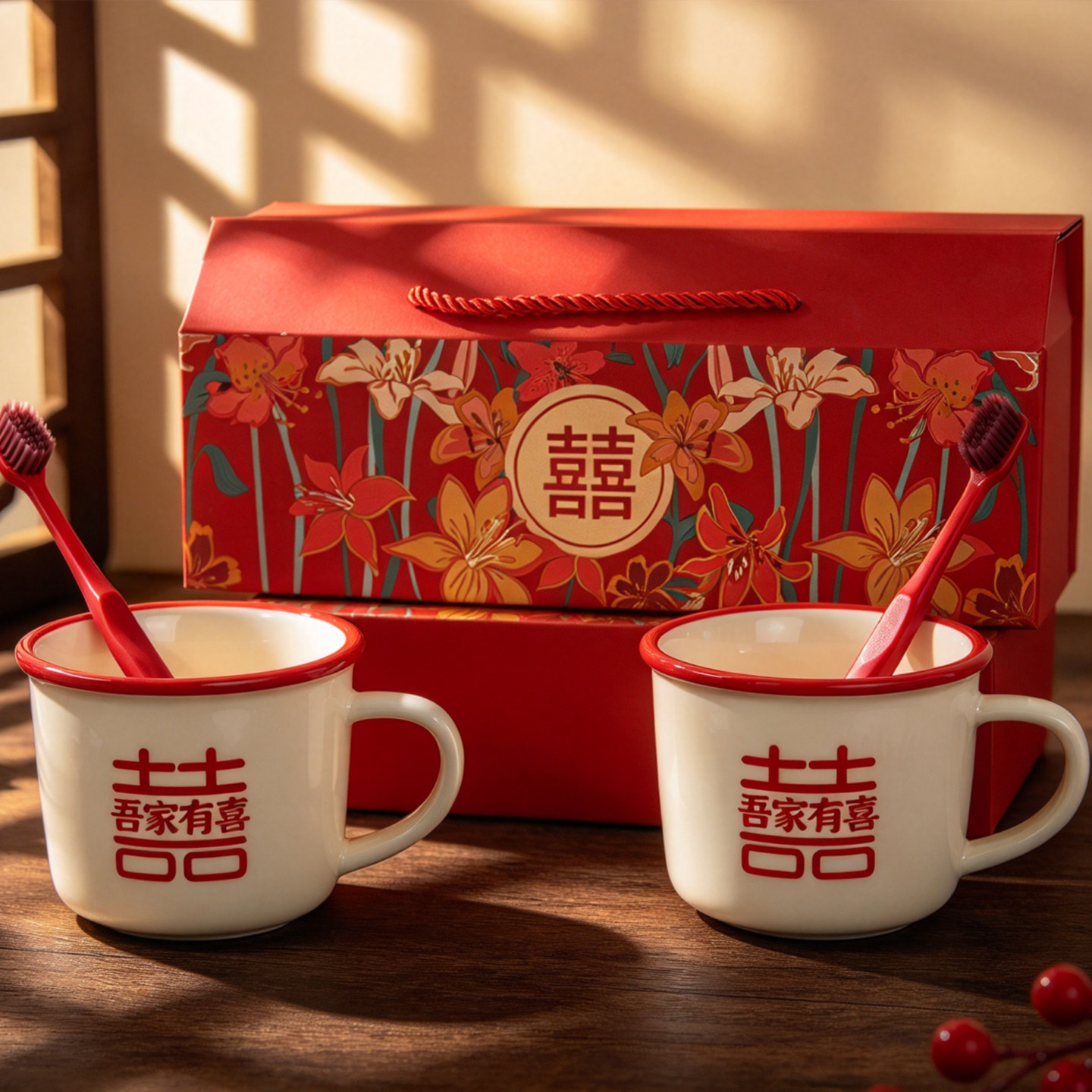 结婚喜字洗漱杯套装新婚陪嫁杯子一对喝水杯红色陶瓷刷牙杯礼盒装