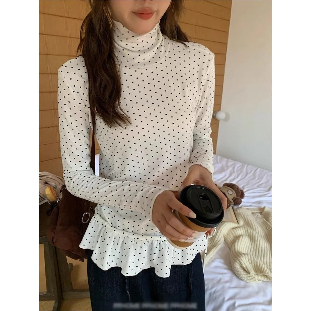 半高领波点印花长袖打底衫女秋季新款荷叶边下摆修身显瘦T恤上衣