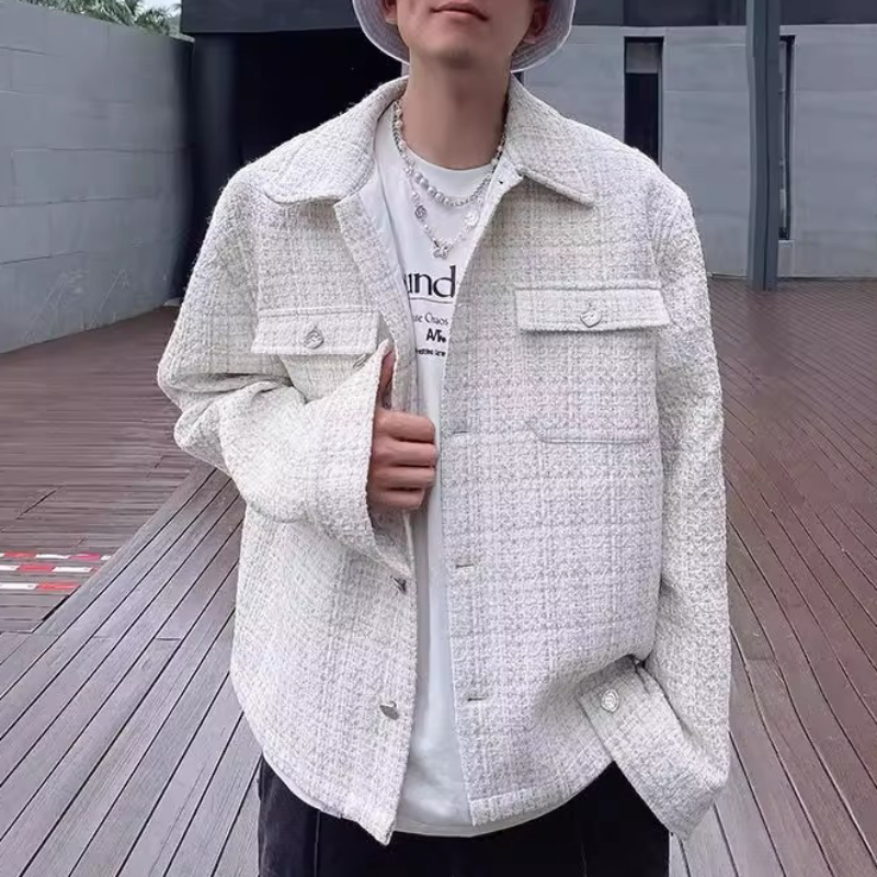 刺绣小香风衬衫外套男 潮牌秋夏新款情侣白色翻领夹克ins宽松韩版