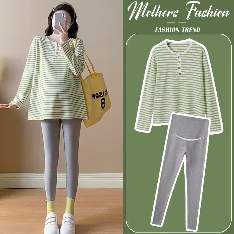 孕妇秋装套装2025新款条纹T恤上衣春秋宽松洋气遮孕肚两件套秋冬