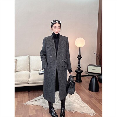 AR「初冬奢依」羊毛V领轻奢口袋黑领长款大衣外套C01877WT243