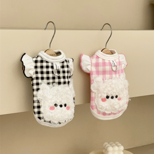 2026春秋新款宠物狗狗猫咪小型犬泰迪比熊衣服 花边格小衫可牵引