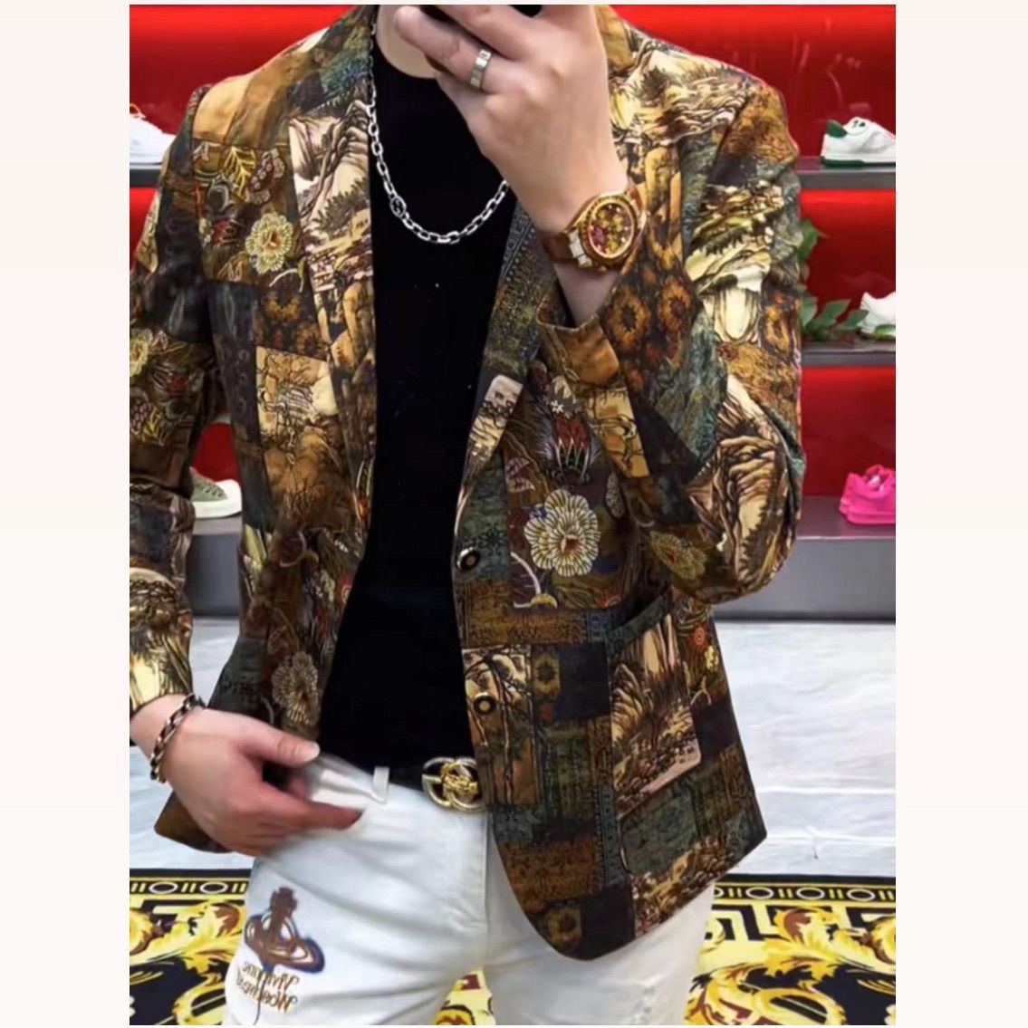 2024秋季新款中国风休闲印花西服上衣修身弹力男士长袖西服男潮牌,男装,休闲西服,淘宝优惠券,粉丝福利购,淘宝优惠卷