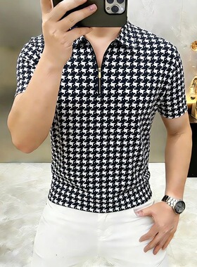 欧货夏季潮流翻领短袖POLO衫男士休闲轻奢千鸟格半拉链半袖上衣男
