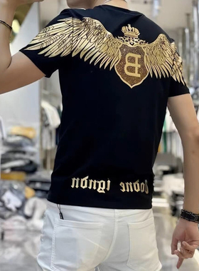 2026短袖t恤高级夏季欧洲站T恤个性翅膀印花半袖男修身上衣潮男士