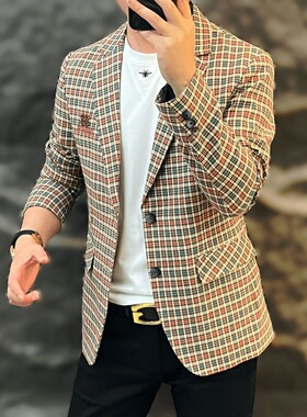 2025春秋新款新款高端男士时尚百搭个性休闲胸标格子西服上衣男装