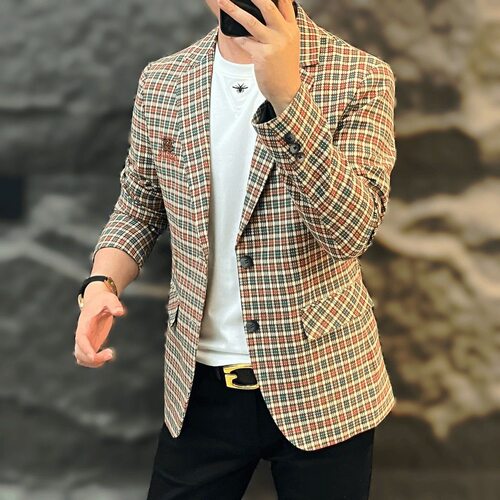2026春秋新款新款高端男士时尚百搭个性休闲胸标格子西服上衣男装