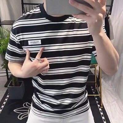 简约条纹男t恤2026夏季新款短袖T恤圆时尚领百搭半袖上衣男士体恤
