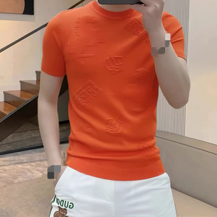 夏季高档新款短袖t恤轻奢提花针织衫男欧洲站上衣青年潮体恤男士