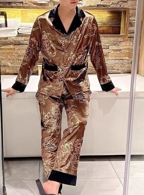 男士金丝绒烫金睡衣套装男大码高端轻奢印花百搭长裤家居服两件套