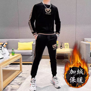 欧美秋冬款金丝绒保暖休闲套装轻奢潮流刺绣卫衣拼接束脚裤两件套