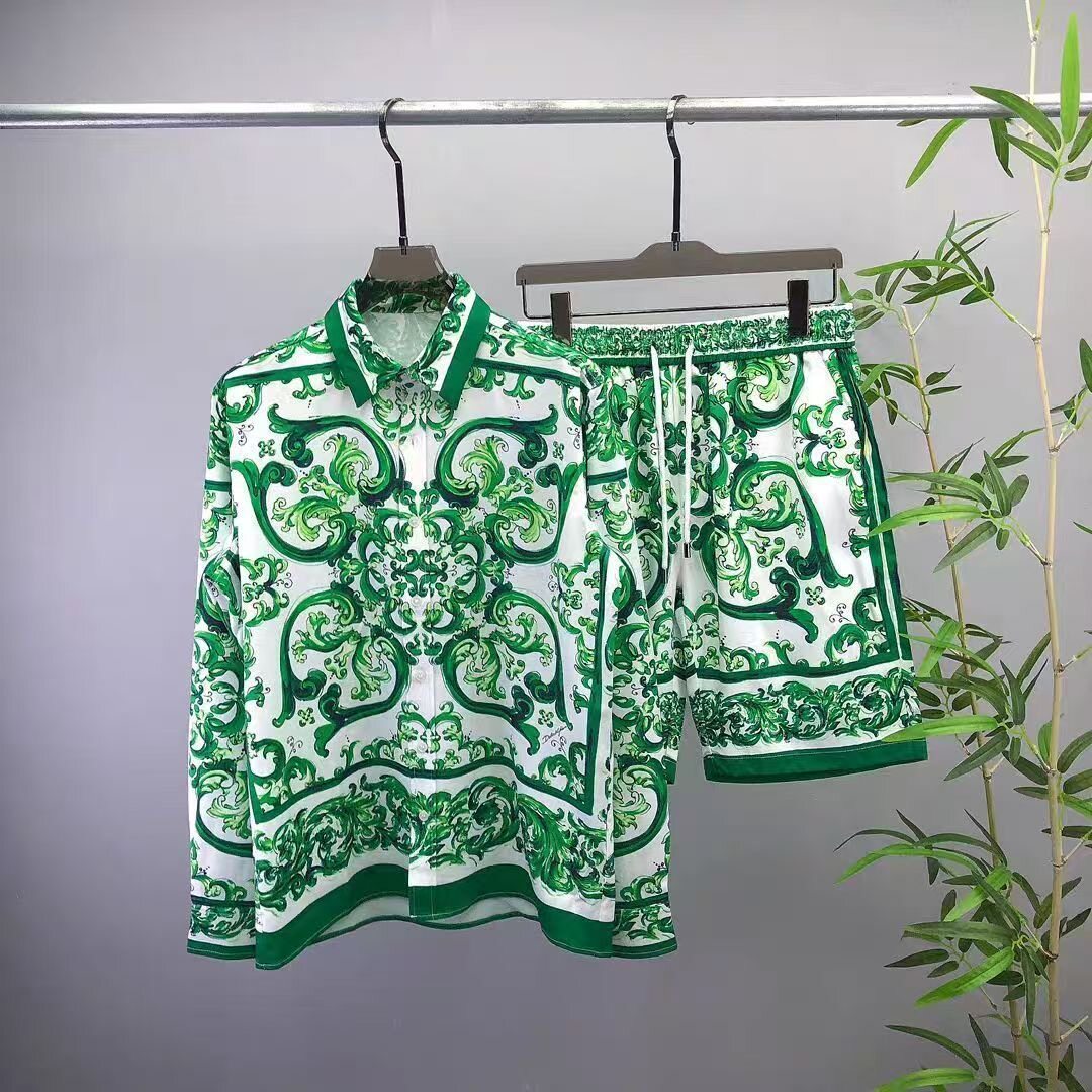 夏季新款欧美时尚潮流夏威夷沙滩休闲度假花长袖衬衫短裤男士套装