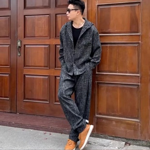 春季新款男士港风气质时尚简约拼接百搭情侣款休闲连帽翻领套装