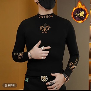 潮流时尚 内衣打底衫 痞帅卫衣加绒保暖T恤男士 半高领长袖 修身 冬季