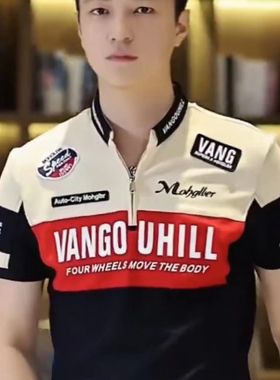 夏季新款潮流骑行机车印花POLO衫半拉链时尚帅气百搭男士短袖t恤