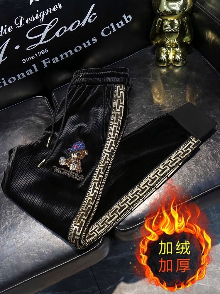 时尚个性秋冬新款加绒加厚保暖休闲裤男士百搭高档帅气爆款束脚裤