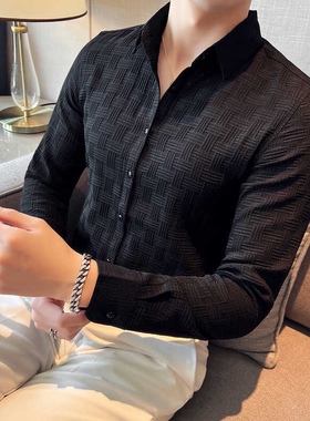 春秋弹力格纹设计感痞帅提花百搭衬衫男士修身韩版休闲长袖衬衣潮