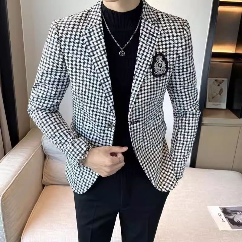 欧洲站春秋季新款高级休闲格子西装外套男士修身潮流百搭西服上衣,男装,休闲西服,淘宝优惠券,粉丝福利购,淘宝优惠卷